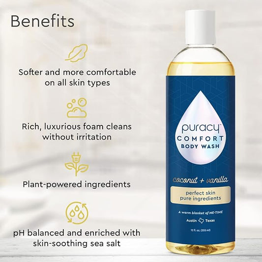 Puracy Body Wash, Natural Body Wash, 98.6% Pure Plant Ingredients, Moisturizing Shower Gel for Women Men Kids, Body Soap for Dry Sensitive Skin. Gently Scented with Coconut & Vanilla 12 Oz (2-Pack)